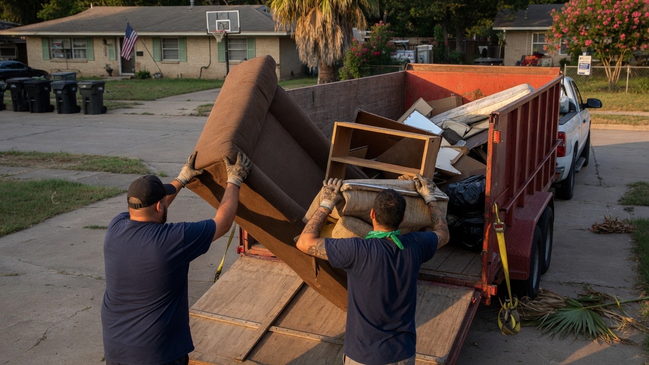 Crew loading office and household-style furniture into a dump trailer