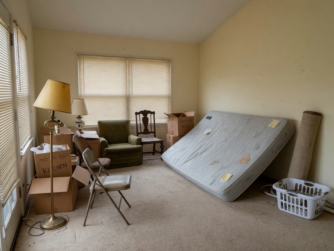 Interior room of leftover household furniture after an estate — pianos need the same careful path planning