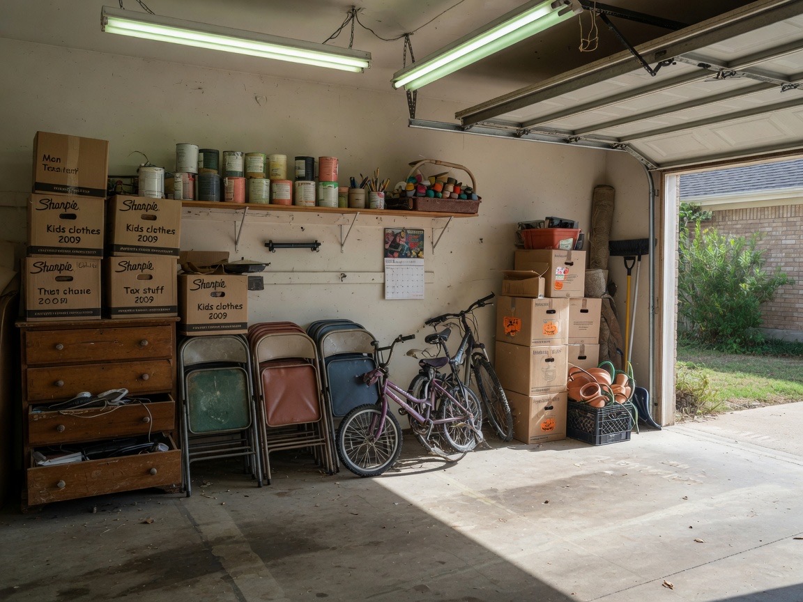 Stacked boxes and household overflow like the contents of a storage unit waiting to be hauled